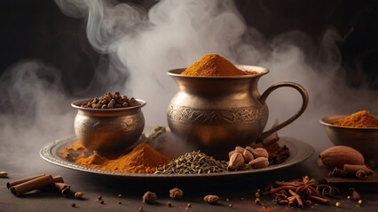 Steaming Masala Chai with Assorted Spices. A warm glass pitcher of steaming masala chai surrounded by vibrant spices in bowls, creating a rich, aromatic atmosphere.
