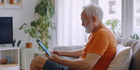 A senior man participating in an online fitness class on a tablet, exercising in his living room
