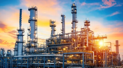 Industrial complex with smokestacks and pipelines against a sunset backdrop.