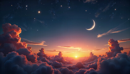 Night Sky Ramadan Background with Crescent Moon and Star on beautiful Dramatic Sunset sky