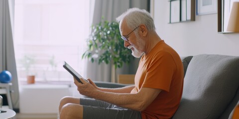 A senior man participating in an online fitness class on a tablet, exercising in his living room