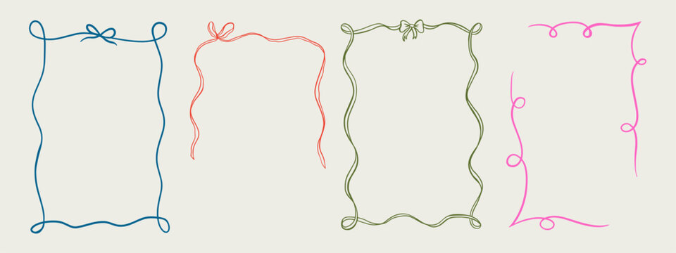 Set of elegant whimsical hand-drawn pink blue orange green color frames with wavy squiggle curly ribbons in trendy, vintage styles. Perfect for quirky holiday, wedding, birthday gift decorations