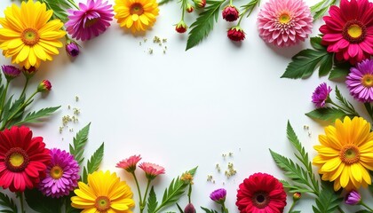 Copy space in the middle, surrounded with flowers sneezeweed, bush morning glory, toadflax, and corn marigold.