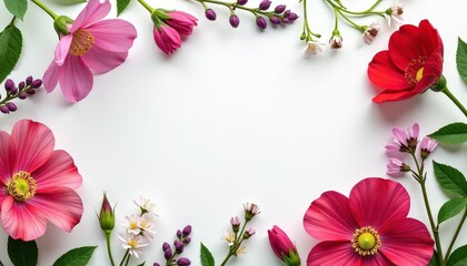 Copy space in the middle, surrounded with flowers globeflower, lion’s tail, ragged robin, and liverwort.