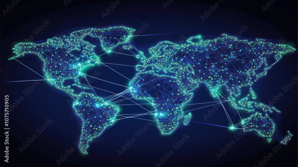 Poster a digital representation of a global network with interconnected nodes and lines.