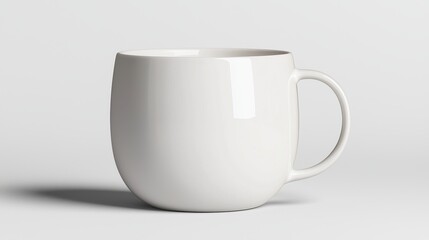 Fototapeta premium Minimalist white cup with a simple handle, isolated on a pristine white surface, soft light enhancing its clean, glossy appearance, modern simplicity