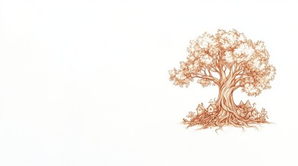 Beautiful hand-drawn illustration of a large tree with intricate roots and small houses nestled at its base, creating a whimsical and enchanting scene of nature and imagination.