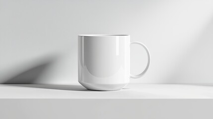 Smooth, glossy white cup centered on a bright white surface, with soft shadow below for a realistic floating effect, simple and elegant composition