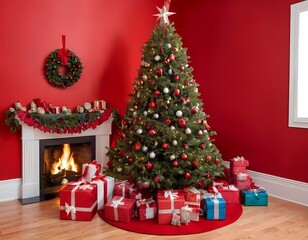 Christmas decorations featuring a beautifully adorned tree, vibrant presents, and a cozy fireplace