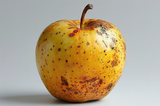 A rotten apple with brown spots on it