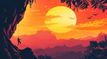 Fototapeta premium Silhouette of a climber scaling a cliff with a sunset in the background.