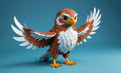 Fototapeta premium A paper-cut hawk with wings spread wide stands on a blue background