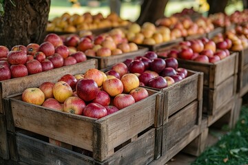 Many large wooden fruit crates filled with many apples