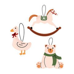 Set of cute Christmas toys. Bear, goose, horse. Decorative New Year decorations. Color flat vector illustration with white isolated background.