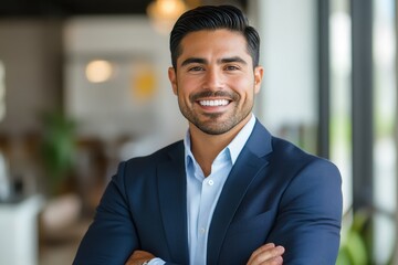 Fototapeta premium A businessman smiles confidently in a suit. This photo is perfect for showcasing success, leadership, and professionalism.