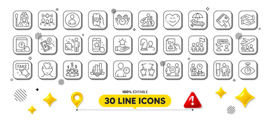 Teamwork chart, Helping hand and Fake information line icons pack. 3d design elements. Star rating, Swipe up, Leadership web icon. Sunbed, Technical documentation, Equality pictogram. Vector