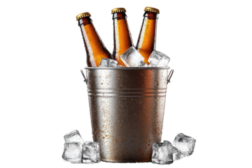 Bucket of beer bottles with ice cubes on transparent Transparent background 