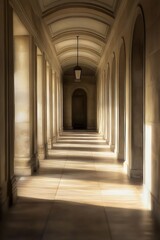 Sunlit Hallway with Arched Ceilings and Columns