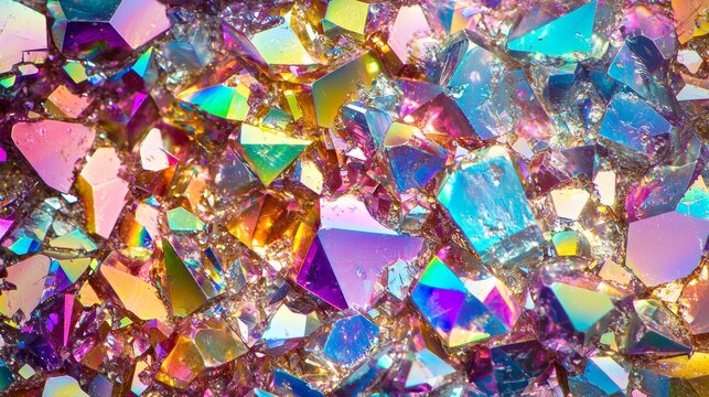 Macro photography of a colorful crystal titanium rainbow aura quartz cluster is shining bright with iridescent metallic luster, creating a mesmerizing display of light and color