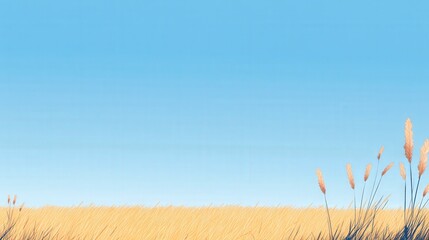 Obraz premium Tranquil Field under Bright Blue Sky with Golden Grass and Gentle Breeze, Capturing Nature’s Peaceful Essence in a Rural Landscape