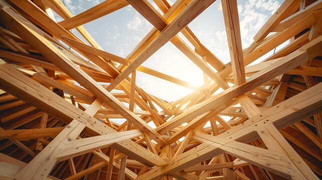 Une structure complexe en bois vue d'en bas, avec de la lumi&egrave;re du soleil.