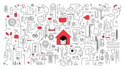 Abstract Line Art Featuring a Cute Character Inside a Red House Surrounded by Various Shapes and Doodles Representing a Playful Environment