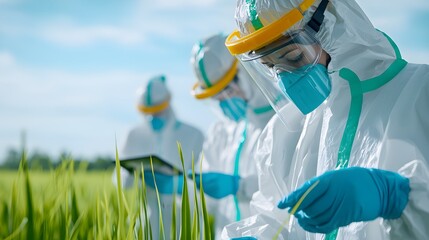 A team of chemical engineers in protective gear, working with advanced water filtration systems to minimize chemical runoff, against a backdrop of green fields