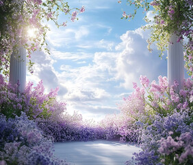 Elegant Floral Columns with Lavender Blooms Under a Blue Sky, Romantic Scene with Pastel Flowers and Sunlight in a Heavenly Garden Setting