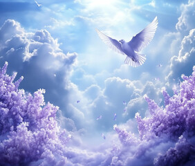 White Dove Flying in a Bright Blue Sky Surrounded by Lavender Flowers, Peaceful Scene with Sunlight and Soft Clouds in a Heavenly Garden Setting
