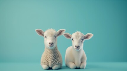 Fototapeta premium Adorable baby lamb and calf snuggled together against a soft blue background, symbolizing friendship, innocence, and countryside charm, perfect for farm or animal-related themes