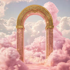 Golden Arch Surrounded by Pink Clouds and Soft Sunlight, Elegant Heavenly Gateway with Ornate Details in a Surreal Fantasy Setting