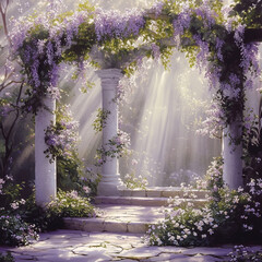 White and Lavender Garden Archway with Sun Rays, Romantic and Serene Floral Scene with Ivy-Clad Columns and Soft Morning Light