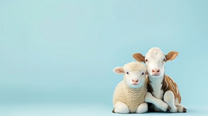 Adorable baby lamb and calf snuggled together against a soft blue background, symbolizing friendship, innocence, and countryside charm, perfect for farm or animal-related themes