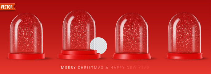 Four empty snow globes with red bases on isolated background, snow particles inside, and Merry Christmas and Happy New Year greeting text. Realistic vector illustration