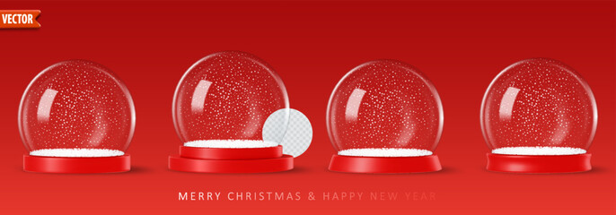 Minimalist snow globe on a red background with smooth reflective glass bubble surface, ideal for holiday design templates. Realistic 3d vector illustration