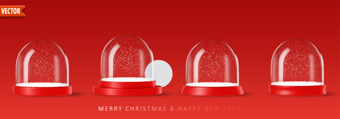 Set of transparent 3d glass snow globes with red bases on red background, showing different podium, ready for Christmas and New Year designs. Realistic vector illustration