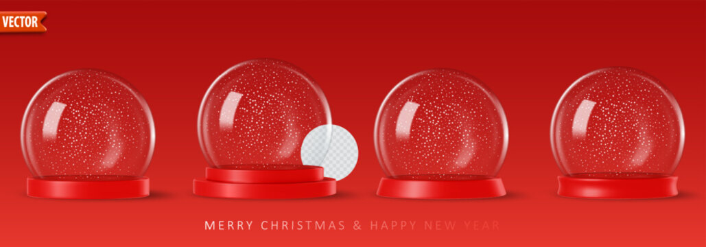 Minimalist snow globe on a red background with smooth reflective glass surface, ideal for holiday design templates. Vector illustration