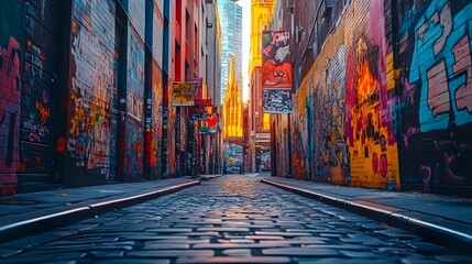 Fototapeta premium A colorful street art mural transforming a gray alley into a lively visual story, mixing pop culture and surreal elements in a bold style