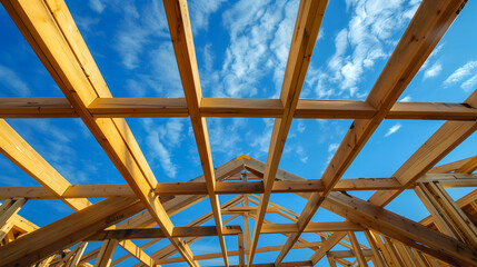 Une vue des poutres en bois sous un ciel bleu.