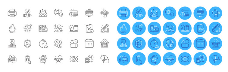 Printer, Credit card and Fake news line icons pack. Fire energy, Edit statistics, User notification web icon. Tickets, Chess, Work home pictogram. Check investment, Calendar, Shield. Vector