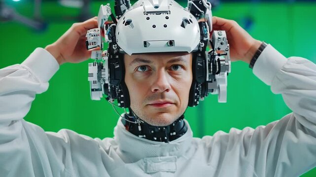 Engineer works in a high tech studio with a brain computer interface headset, showcasing cutting edge research in ai and vr