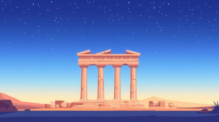 Naklejka premium Ancient Temple Ruins Under a Starry Night Sky with Vibrant Colors and Peaceful Landscape Perfect for Travel and History Themes