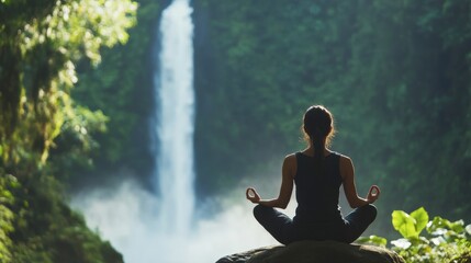 Serene Woman Meditating by a Cascading Waterfall in a Lush Green Forest Setting, Emphasizing Peace, Tranquility, and Connection with Nature