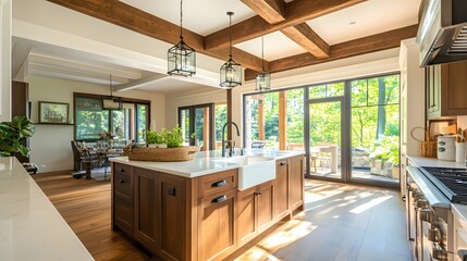 Traditional kitchen in beautiful new luxury home with hardwood floors, wood beams, and large island quartz counters. Includes farmhouse sink, elegant pendant lights, and large windows.