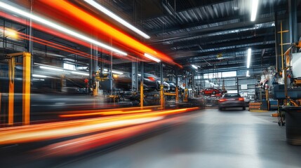 A busy automotive workshop with vehicles being serviced and motion blur effects.