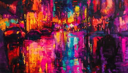 Fototapeta premium Abstract Cityscape with Cars and Bright Lights in Rainy Night