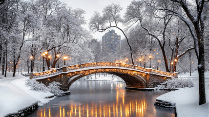 Snowy Central Park bridge illuminated at twilight
