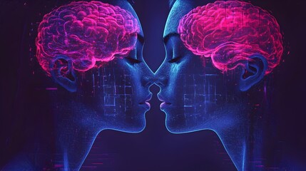 Two faces, their brains built from puzzle pieces with layered holographic neurons, emphasizing deep human connection, Cybernetic, Digital painting, Blue and violet palette, Neon highlights