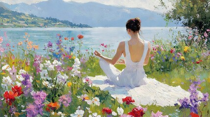   Woman in White Dress Sitting in Field of Flowers with Lake in Background