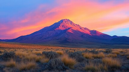 Majestic sunset over snow-capped mountain with vibrant clouds in the evening sky